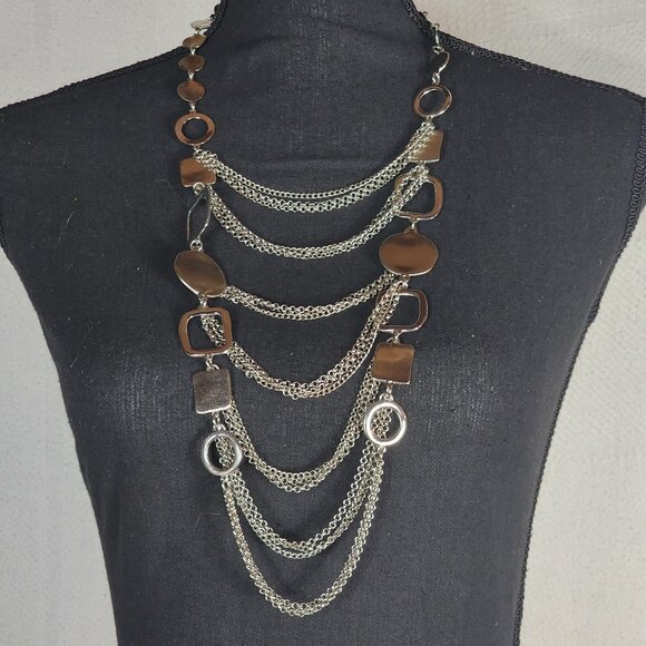 Chico's Vtg Sliver Tone Circle Square Chunky Layered Bib Statement 19" Necklace - Picture 1 of 16